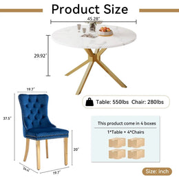 Round Dining Table Set, White Marble Dining Table & Velvet Dining Chairs with Stainless Steel Pedestal, 45" Dining Room Table and Chairs Set, Luxury Dining Table Set (Blue/Gold)