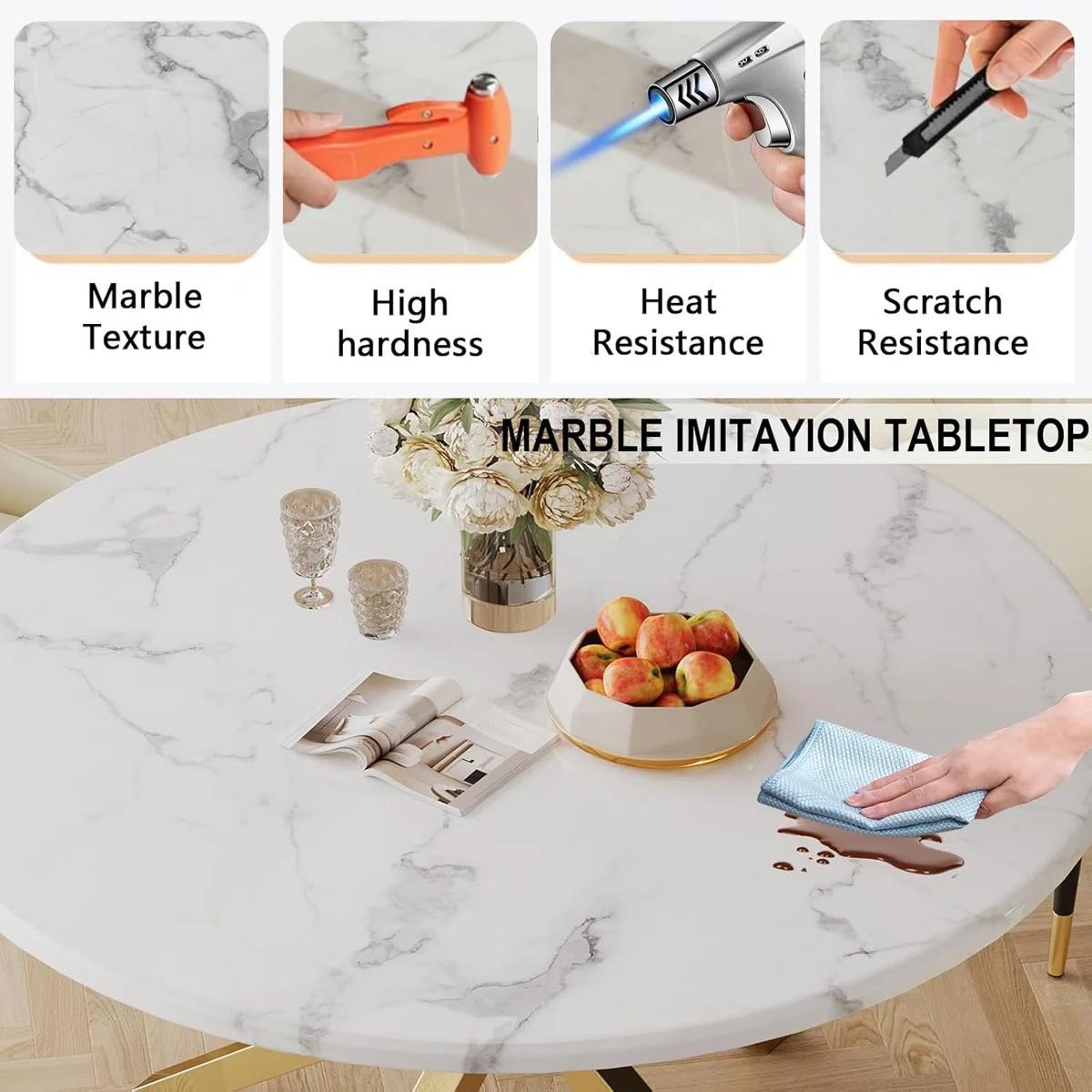 Round Dining Table Set, White Marble Dining Table & Velvet Dining Chairs with Stainless Steel Pedestal, 45" Dining Room Table and Chairs Set, Luxury Dining Table Set (Blue/Gold)