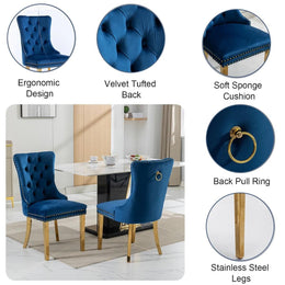 Round Dining Table Set, White Marble Dining Table & Velvet Dining Chairs with Stainless Steel Pedestal, 45" Dining Room Table and Chairs Set, Luxury Dining Table Set (Blue/Gold)