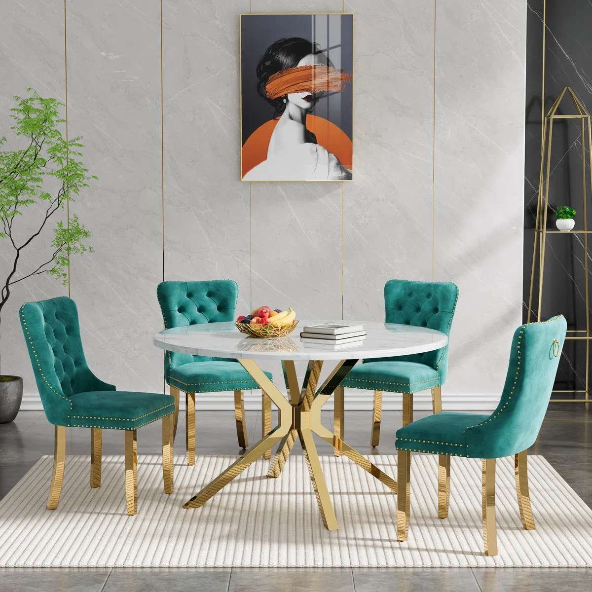 Round Dining Table Set, White Marble Dining Table & Velvet Dining Chairs with Stainless Steel Pedestal, 45" Dining Room Table and Chairs Set, Luxury Dining Table Set (Green/Gold)