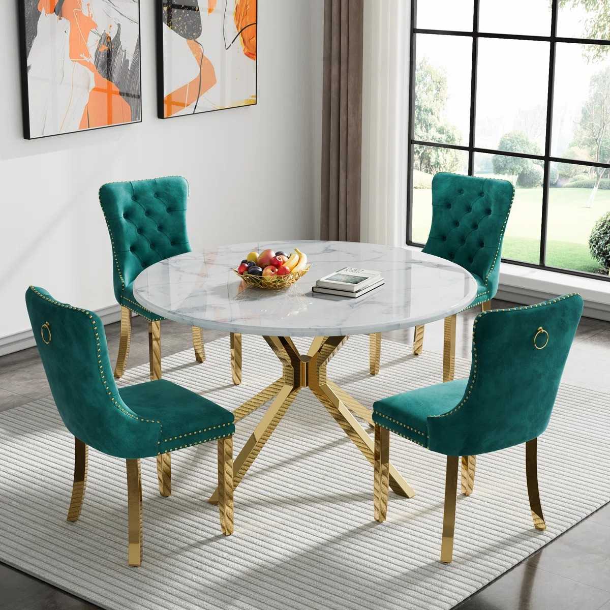 Round Dining Table Set, White Marble Dining Table & Velvet Dining Chairs with Stainless Steel Pedestal, 45" Dining Room Table and Chairs Set, Luxury Dining Table Set (Green/Gold)