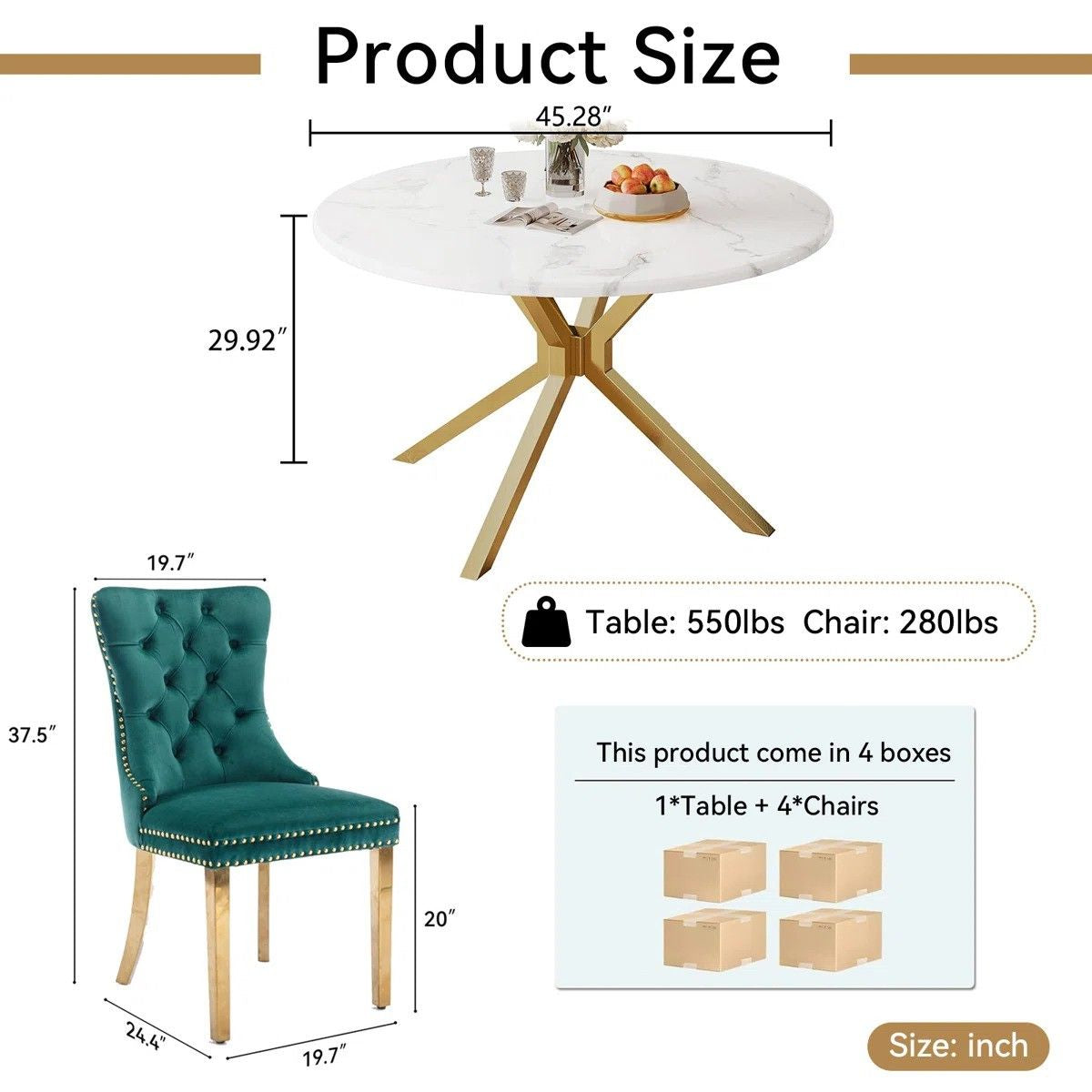 Round Dining Table Set, White Marble Dining Table & Velvet Dining Chairs with Stainless Steel Pedestal, 45" Dining Room Table and Chairs Set, Luxury Dining Table Set (Green/Gold)