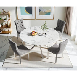 Round Dining Table Set, White Marble Dining Table & Velvet Dining Chairs with Stainless Steel Pedestal, 45" Dining Room Table and Chairs Set, Luxury Dining Table Set (Gray/Silver)