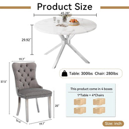 Round Dining Table Set, White Marble Dining Table & Velvet Dining Chairs with Stainless Steel Pedestal, 45" Dining Room Table and Chairs Set, Luxury Dining Table Set (Gray/Silver)