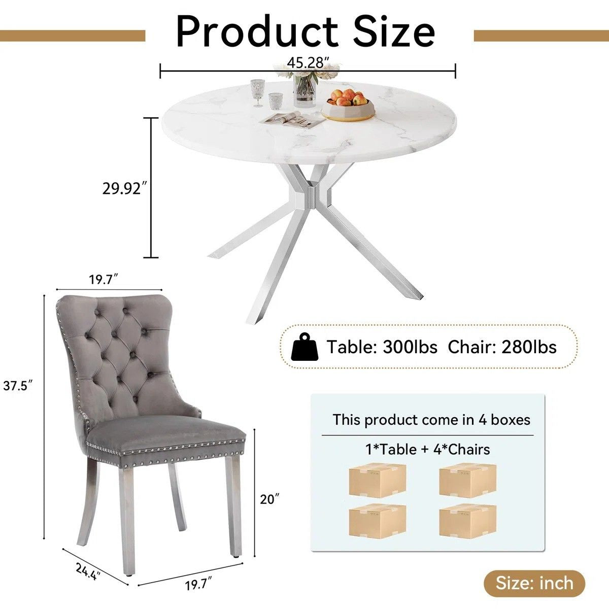 Round Dining Table Set, White Marble Dining Table & Velvet Dining Chairs with Stainless Steel Pedestal, 45" Dining Room Table and Chairs Set, Luxury Dining Table Set (Gray/Silver)