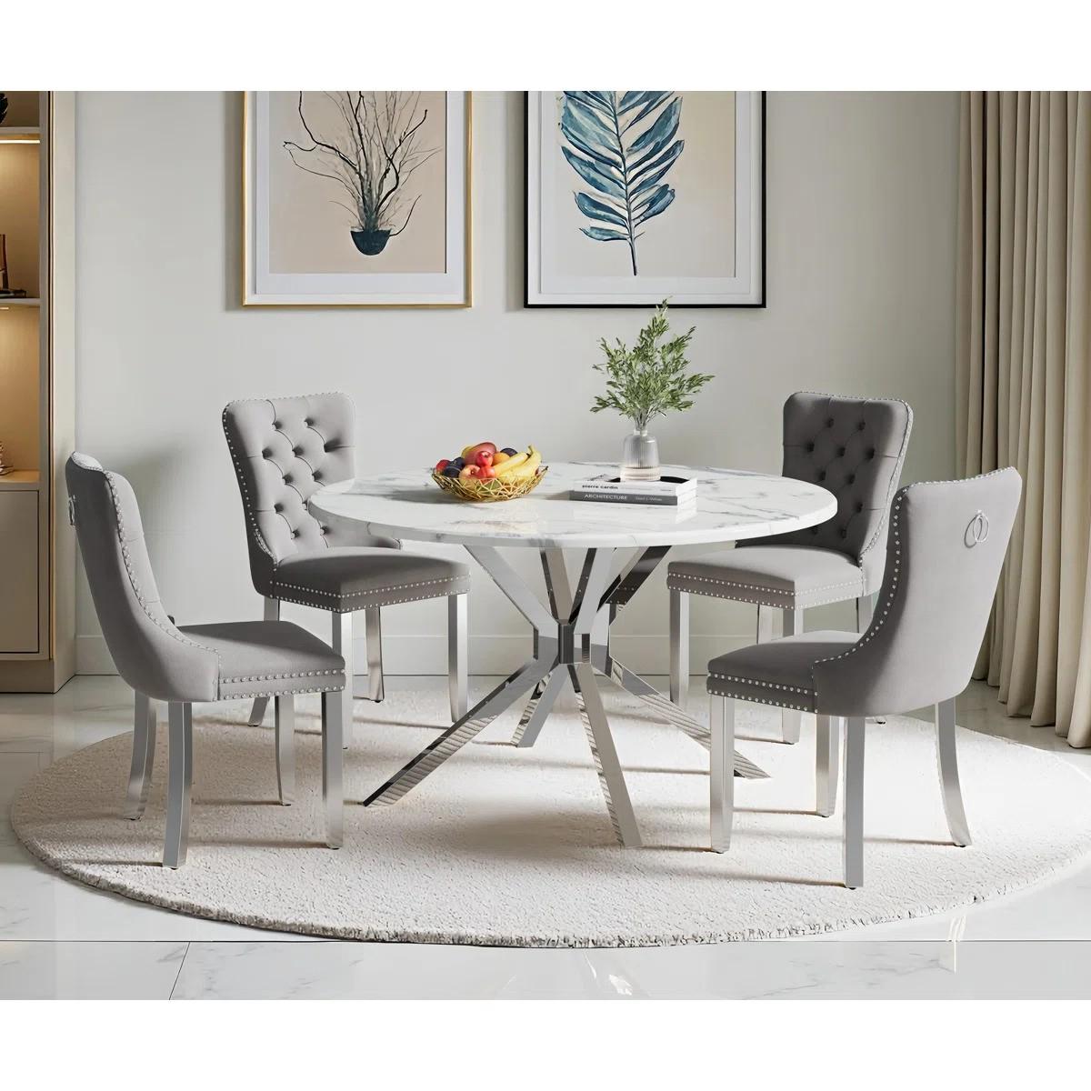 Round Dining Table Set, White Marble Dining Table & Velvet Dining Chairs with Stainless Steel Pedestal, 45" Dining Room Table and Chairs Set, Luxury Dining Table Set (Gray/Silver)