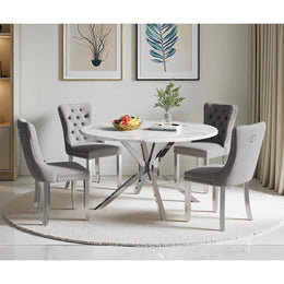 Round Dining Table Set, White Marble Dining Table & Velvet Dining Chairs with Stainless Steel Pedestal, 45" Dining Room Table and Chairs Set, Luxury Dining Table Set (Gray/Silver)