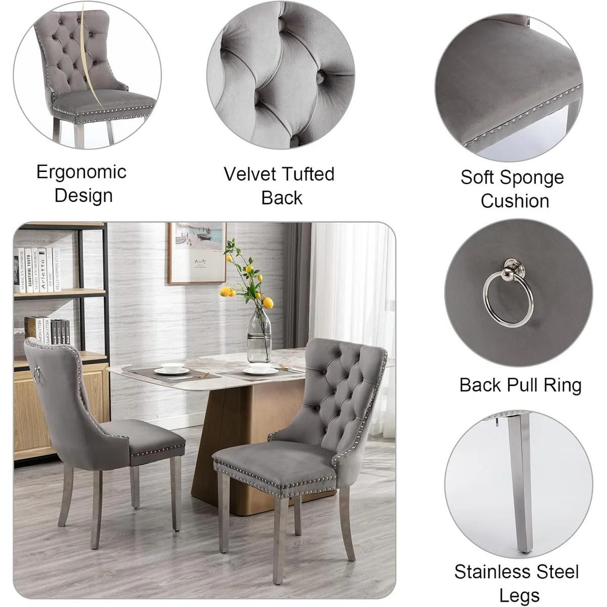 Round Dining Table Set, White Marble Dining Table & Velvet Dining Chairs with Stainless Steel Pedestal, 45" Dining Room Table and Chairs Set, Luxury Dining Table Set (Gray/Silver)