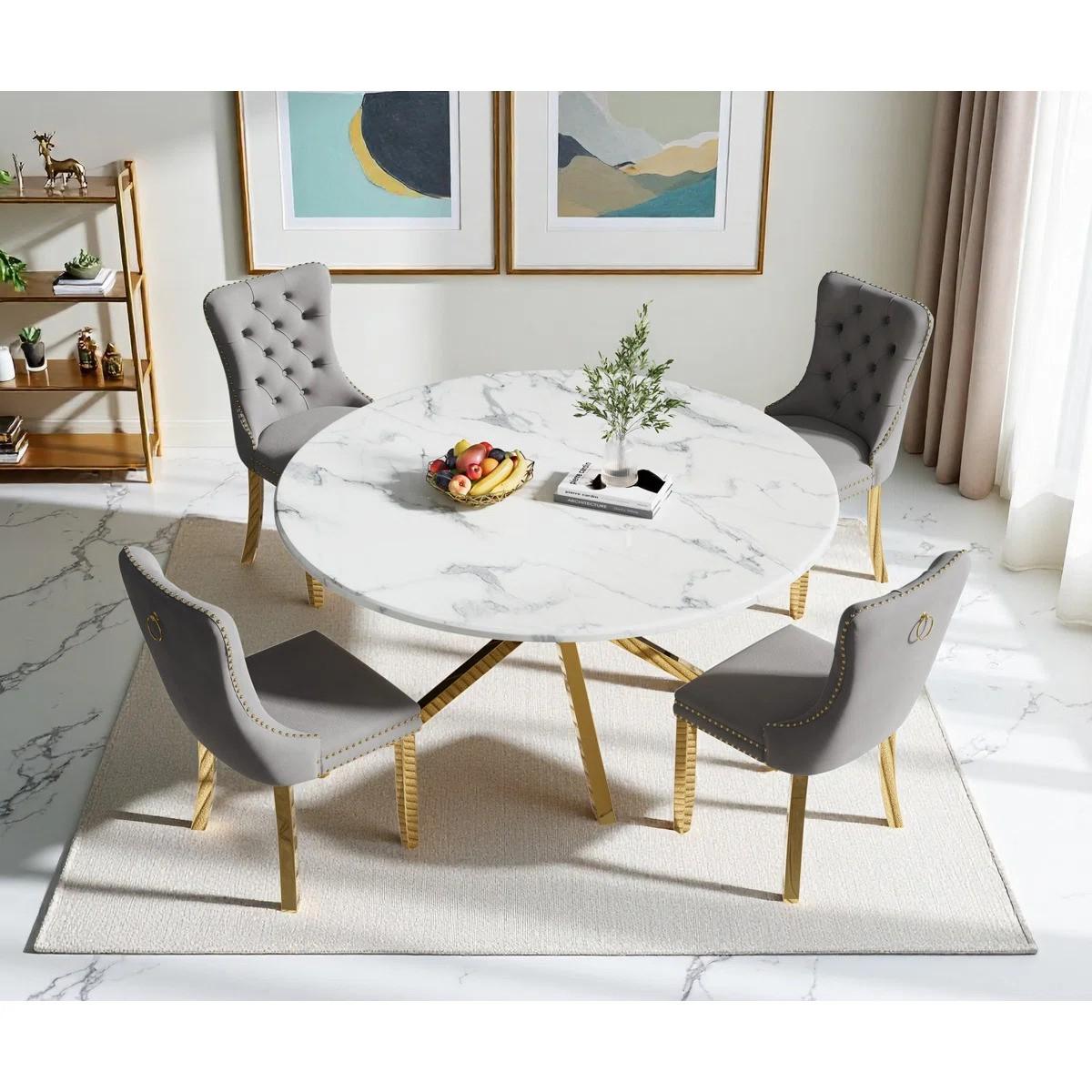 Round Dining Table Set, White Marble Dining Table & Velvet Dining Chairs with Stainless Steel Pedestal, 45" Dining Room Table and Chairs Set, Luxury Dining Table Set (Gray/Gold)