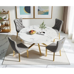Round Dining Table Set, White Marble Dining Table & Velvet Dining Chairs with Stainless Steel Pedestal, 45" Dining Room Table and Chairs Set, Luxury Dining Table Set (Gray/Gold)