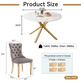 Round Dining Table Set, White Marble Dining Table & Velvet Dining Chairs with Stainless Steel Pedestal, 45" Dining Room Table and Chairs Set, Luxury Dining Table Set (Gray/Gold)