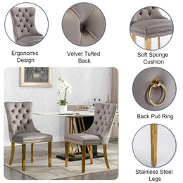 Round Dining Table Set, White Marble Dining Table & Velvet Dining Chairs with Stainless Steel Pedestal, 45" Dining Room Table and Chairs Set, Luxury Dining Table Set (Gray/Gold)
