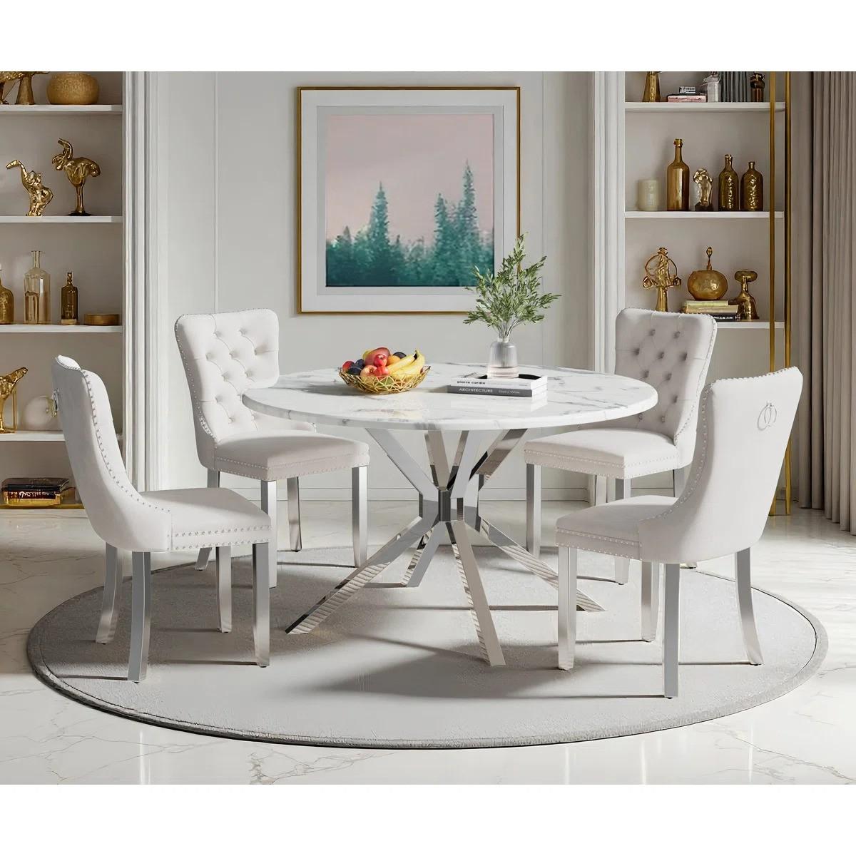 Round Dining Table Set, White Marble Dining Table & Velvet Dining Chairs with Stainless Steel Pedestal, 45" Dining Room Table and Chairs Set, Luxury Dining Table Set (Beige/Silver)