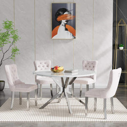Round Dining Table Set, White Marble Dining Table & Velvet Dining Chairs with Stainless Steel Pedestal, 45" Dining Room Table and Chairs Set, Luxury Dining Table Set (Beige/Silver)