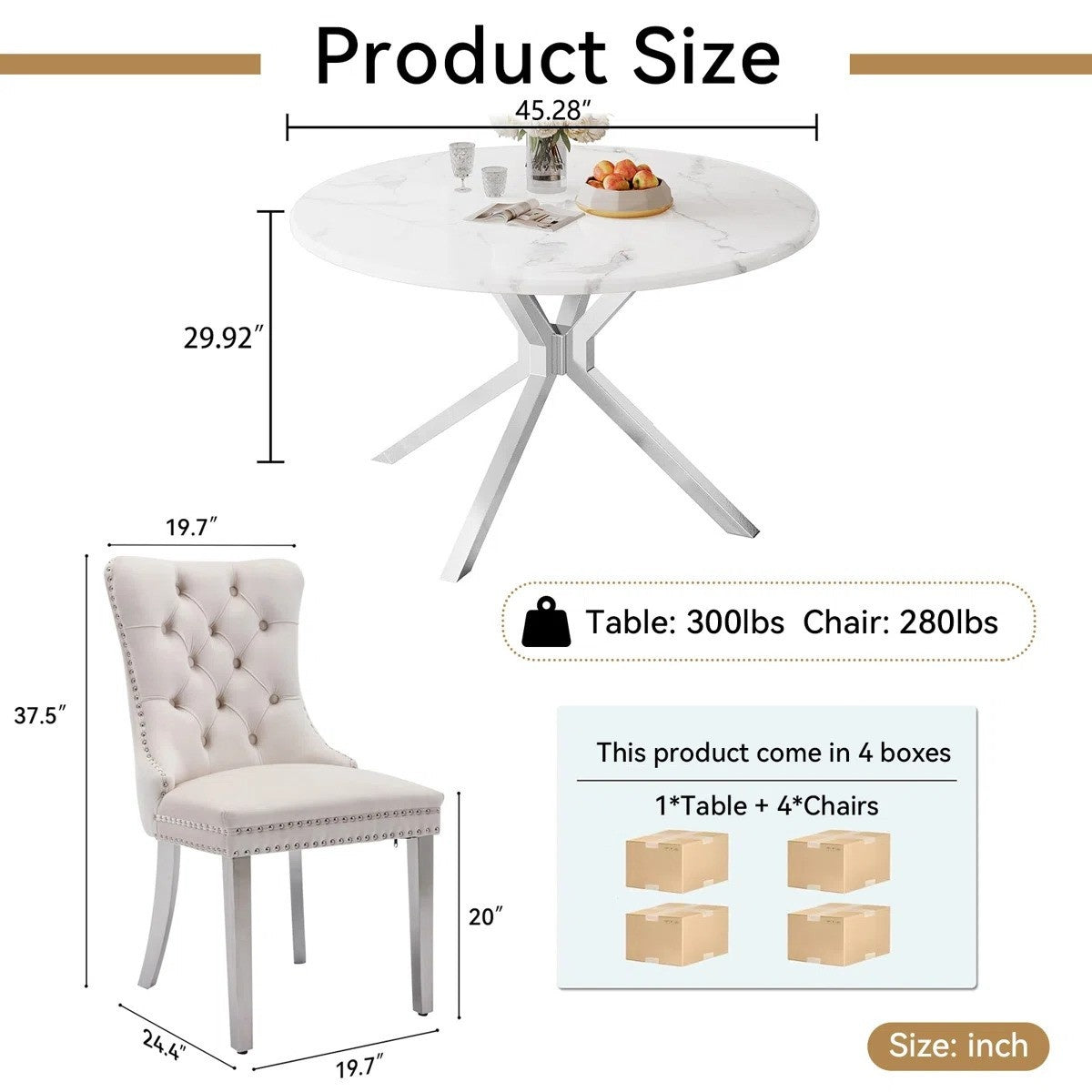 Round Dining Table Set, White Marble Dining Table & Velvet Dining Chairs with Stainless Steel Pedestal, 45" Dining Room Table and Chairs Set, Luxury Dining Table Set (Beige/Silver)