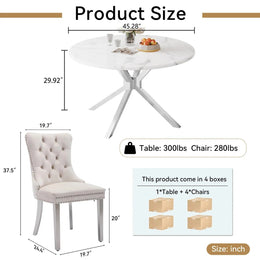 Round Dining Table Set, White Marble Dining Table & Velvet Dining Chairs with Stainless Steel Pedestal, 45" Dining Room Table and Chairs Set, Luxury Dining Table Set (Beige/Silver)