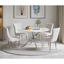 Round Dining Table Set, White Marble Dining Table & Velvet Dining Chairs with Stainless Steel Pedestal, 45" Dining Room Table and Chairs Set, Luxury Dining Table Set (Beige/Silver)