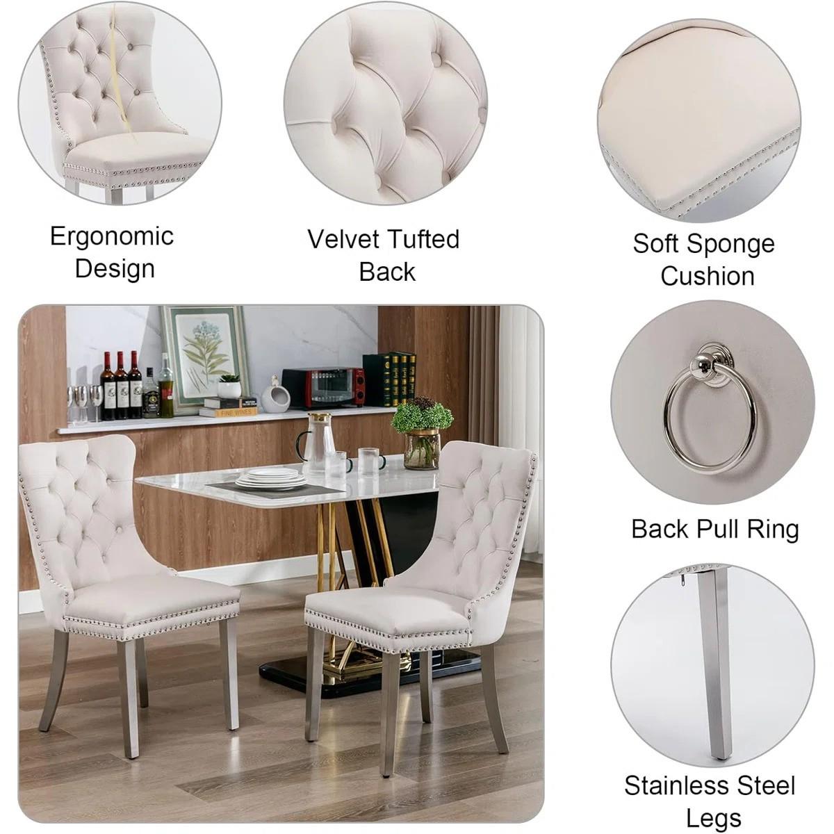 Round Dining Table Set, White Marble Dining Table & Velvet Dining Chairs with Stainless Steel Pedestal, 45" Dining Room Table and Chairs Set, Luxury Dining Table Set (Beige/Silver)