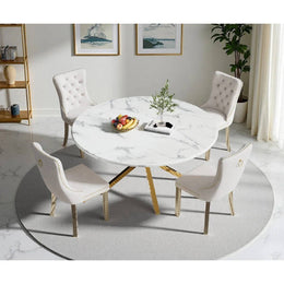 Round Dining Table Set, White Marble Dining Table & Velvet Dining Chairs with Stainless Steel Pedestal, 45" Dining Room Table and Chairs Set, Luxury Dining Table Set (Beige/Gold)