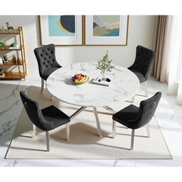 Round Dining Table Set, White Marble Dining Table & Velvet Dining Chairs with Stainless Steel Pedestal, 45" Dining Room Table and Chairs Set, Luxury Dining Table Set (Black/Silver)
