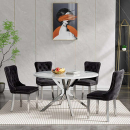 Round Dining Table Set, White Marble Dining Table & Velvet Dining Chairs with Stainless Steel Pedestal, 45" Dining Room Table and Chairs Set, Luxury Dining Table Set (Black/Silver)