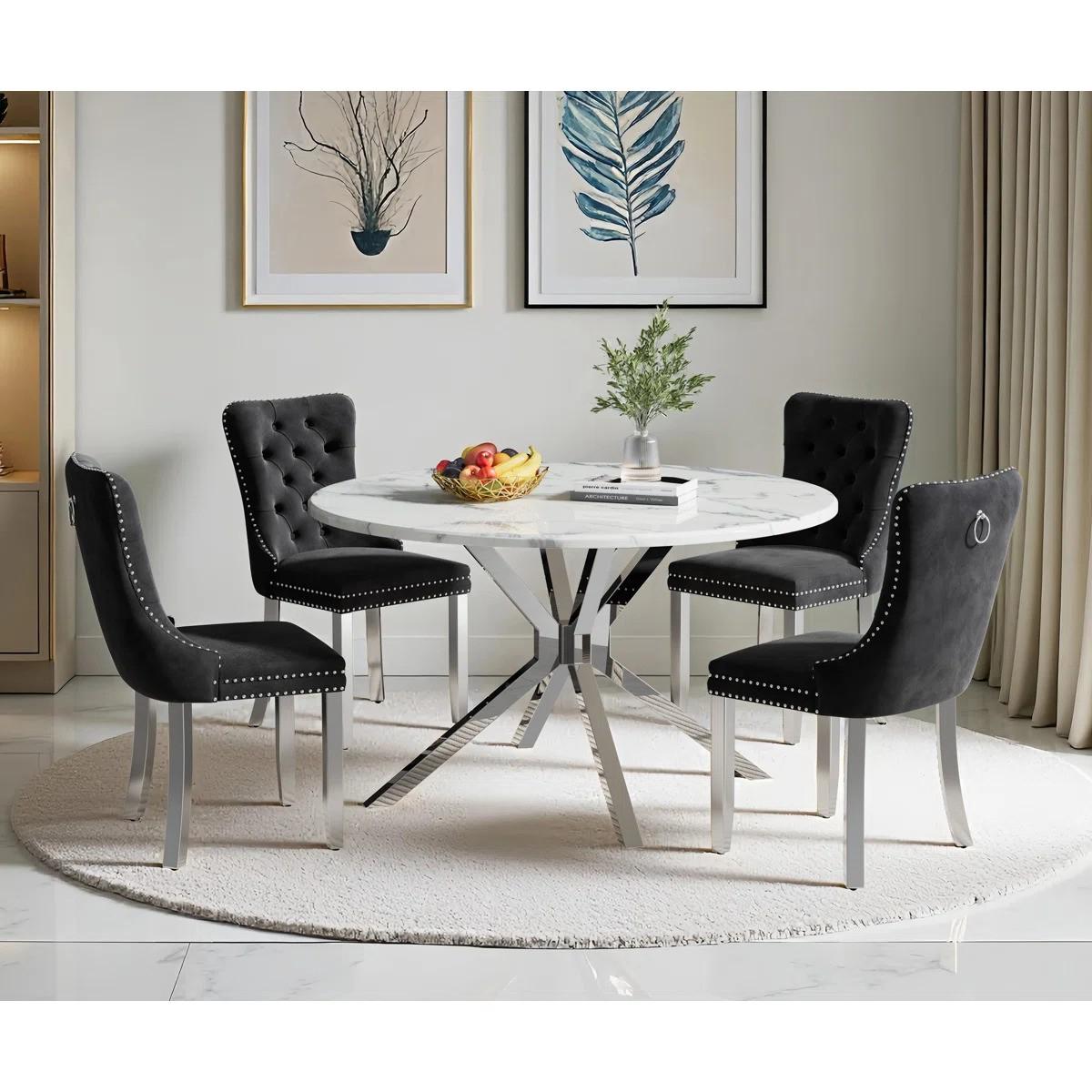 Round Dining Table Set, White Marble Dining Table & Velvet Dining Chairs with Stainless Steel Pedestal, 45" Dining Room Table and Chairs Set, Luxury Dining Table Set (Black/Silver)