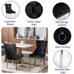 Round Dining Table Set, White Marble Dining Table & Velvet Dining Chairs with Stainless Steel Pedestal, 45" Dining Room Table and Chairs Set, Luxury Dining Table Set (Black/Silver)