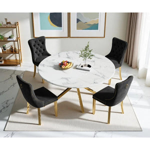 Round Dining Table Set, White Marble Dining Table & Velvet Dining Chairs with Stainless Steel Pedestal, 45" Dining Room Table and Chairs Set, Luxury Dining Table Set (Black/Gold)