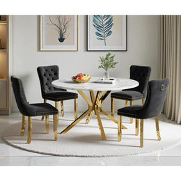 Round Dining Table Set, White Marble Dining Table & Velvet Dining Chairs with Stainless Steel Pedestal, 45" Dining Room Table and Chairs Set, Luxury Dining Table Set (Black/Gold)