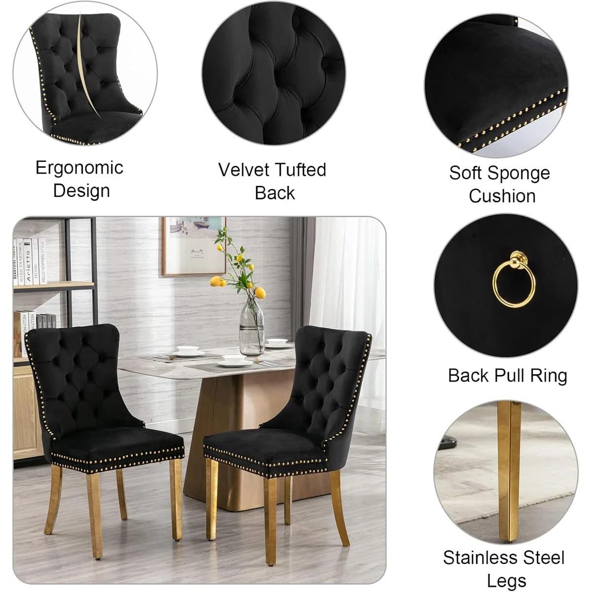 Round Dining Table Set, White Marble Dining Table & Velvet Dining Chairs with Stainless Steel Pedestal, 45" Dining Room Table and Chairs Set, Luxury Dining Table Set (Black/Gold)