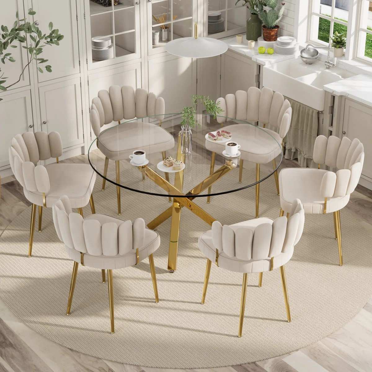 Round Glass Dining Set for 6 (White)