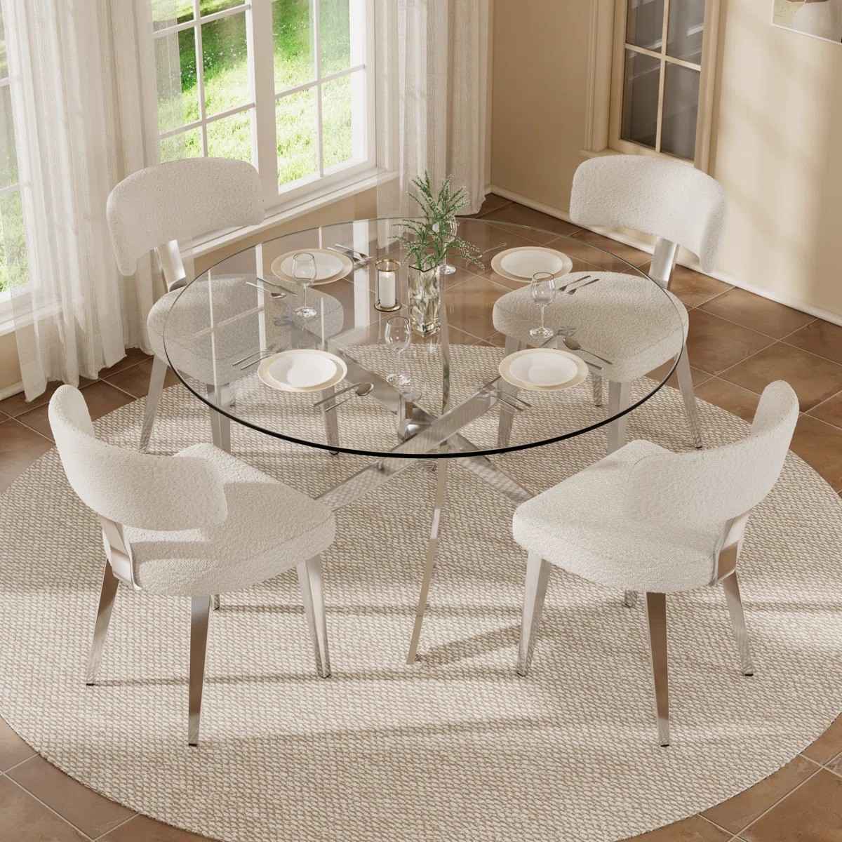 Round Glass Pedestal Dining Set (White)