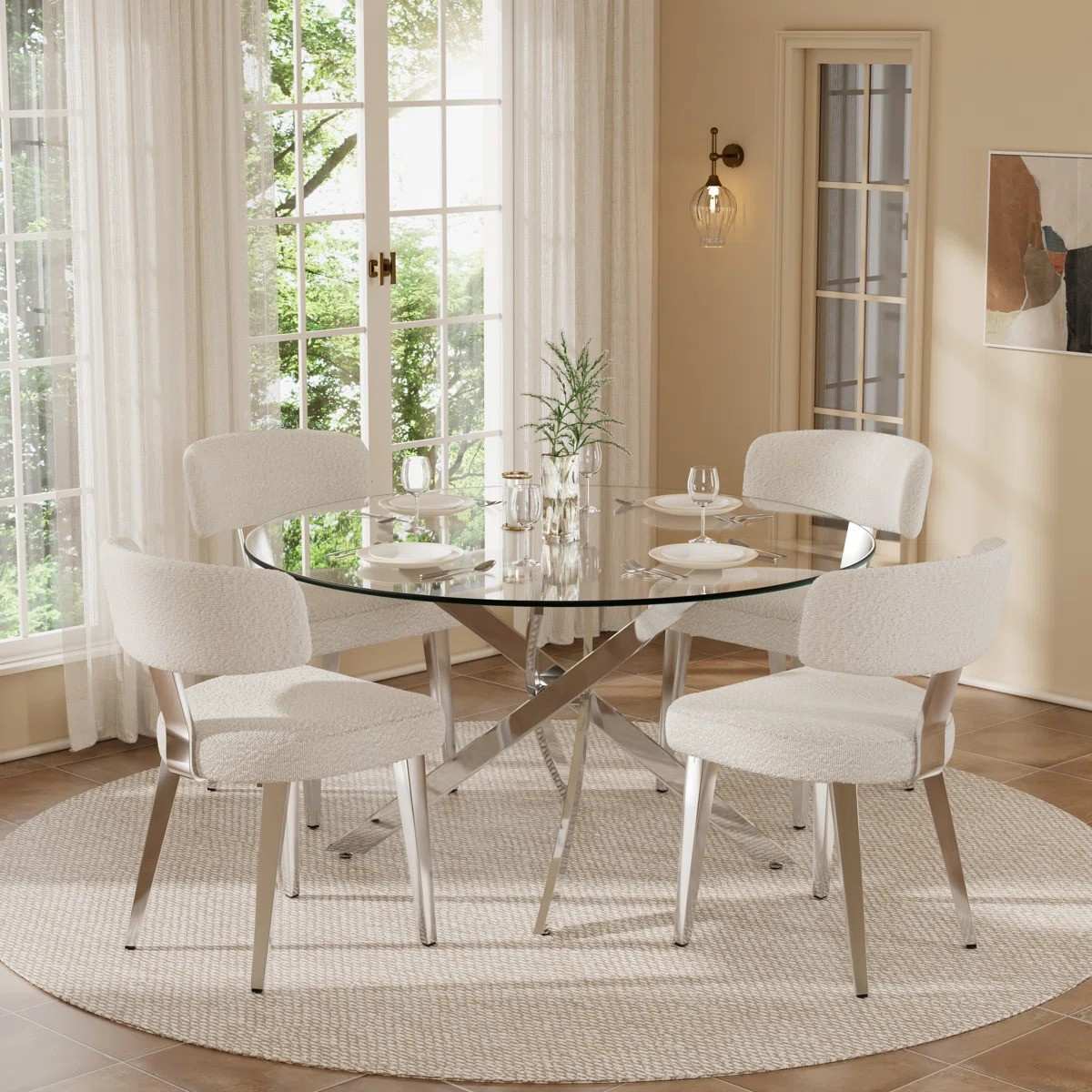 Round Glass Pedestal Dining Set (White)