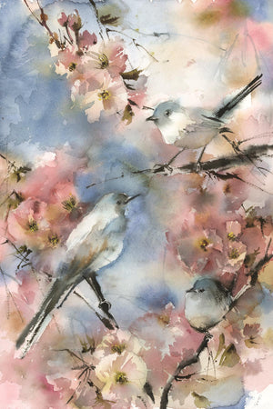 Blue Bird In Cherry Blossoms By Sophia Rodinov (Small) Giclee Canvas