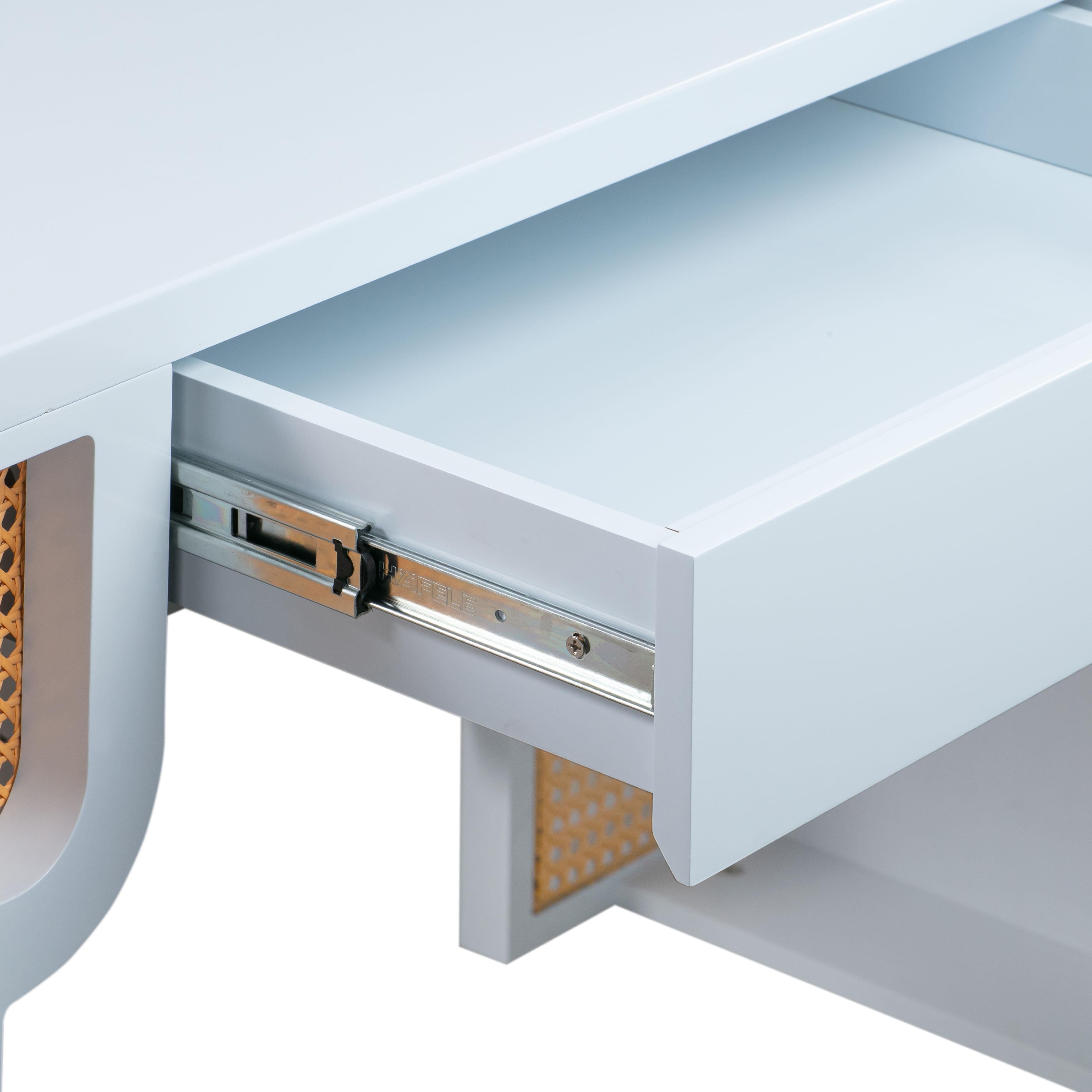 Suzie Pastel Blue & Rattan Executive Desk - UK