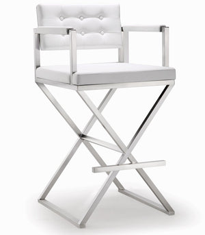 Director White Performance Vegan Leather and Stainless Steel Barstool