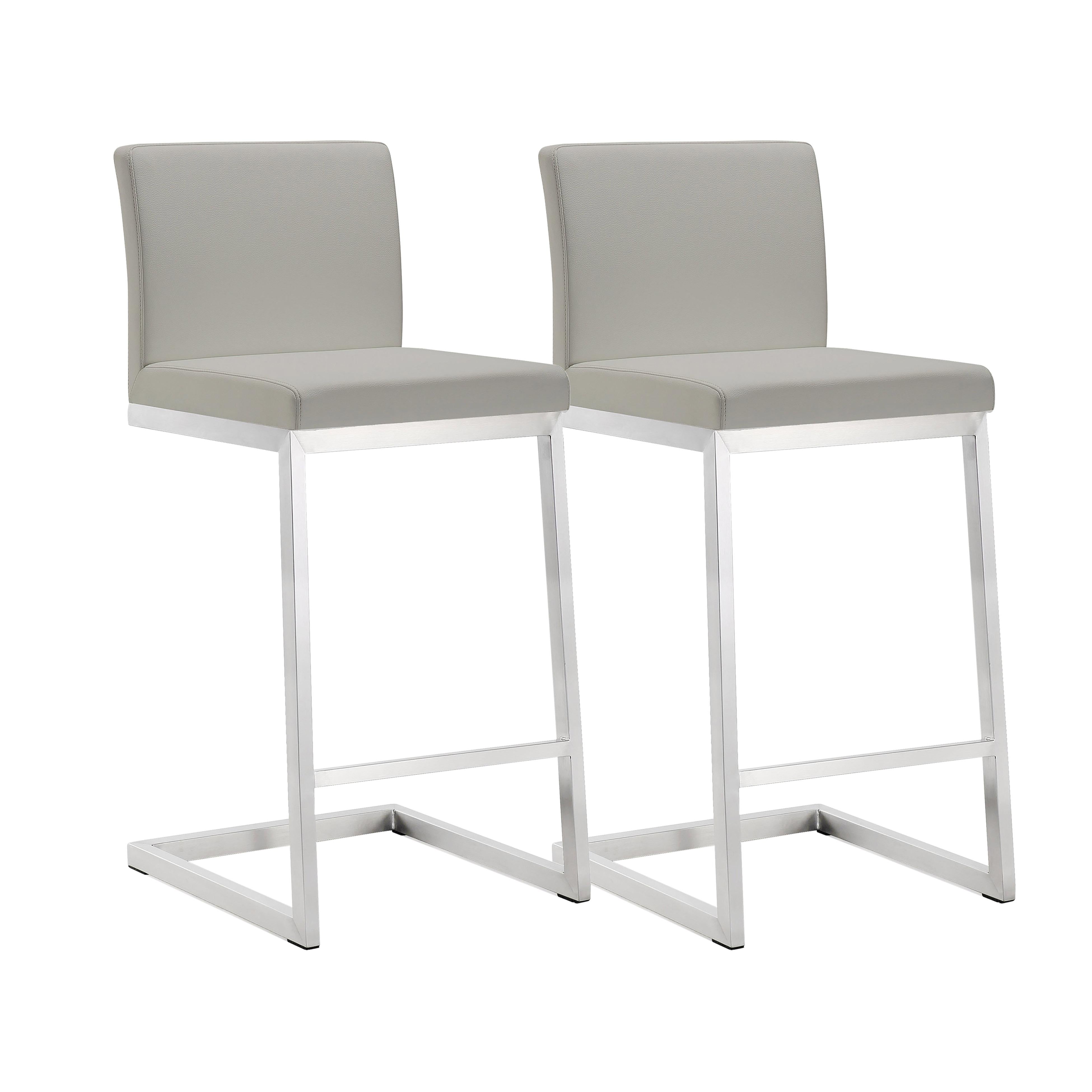 Parma Light Grey Performance Vegan Leather and Stainless Steel Counter Stool - Set of 2