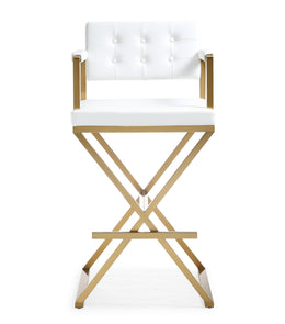 Director White Performance Vegan Leather and Gold Steel Barstool