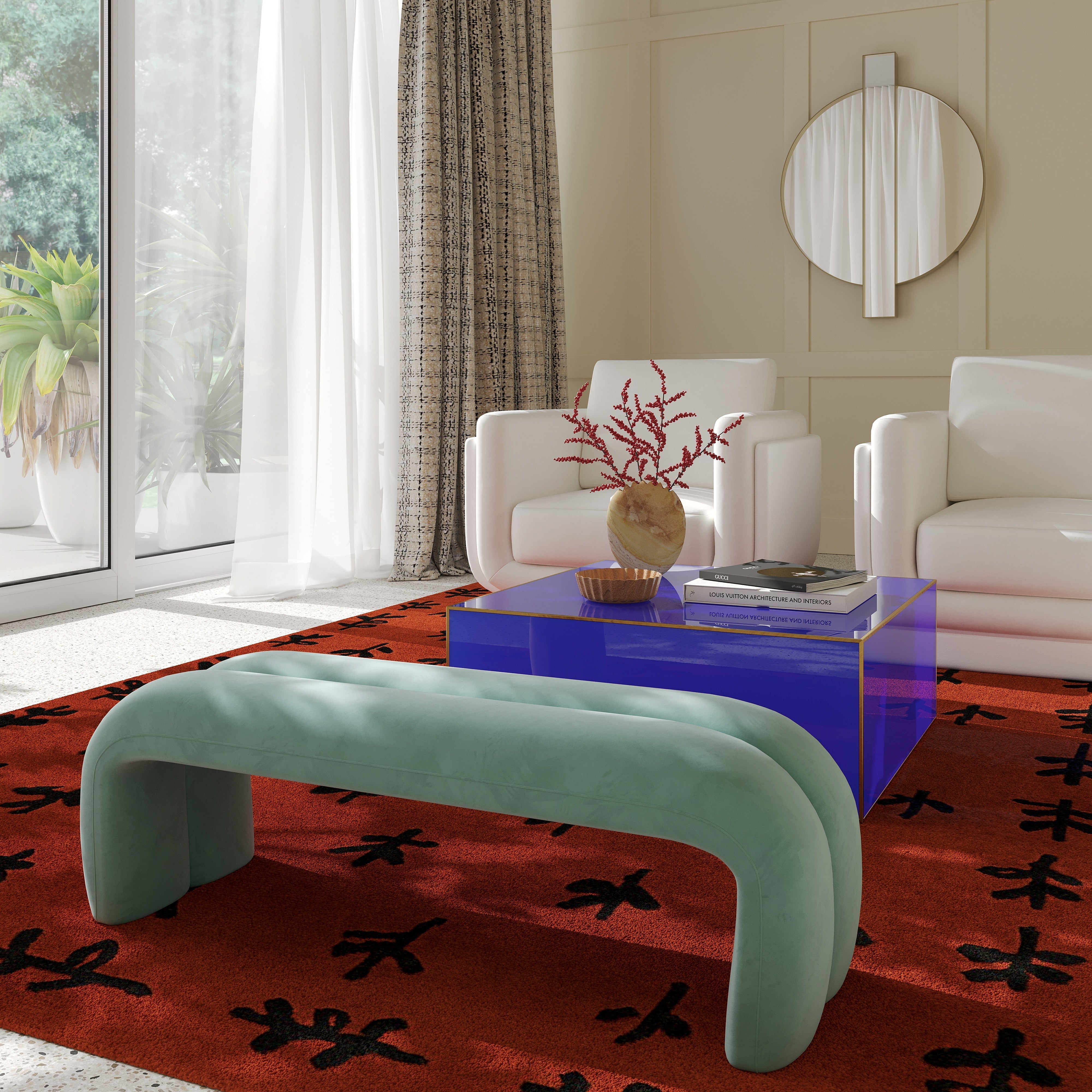 Leigh Green Velvet Channeled Bench - UK