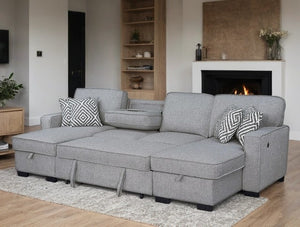 Sahara Gray - Double Storage Chaise Sectional w/ Drop Down Cupholders