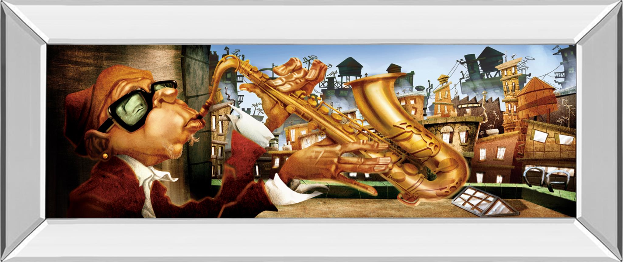 Mirrored Frame Saxo City In Blue By Adam Perez 18X42 Mirror Frame Print