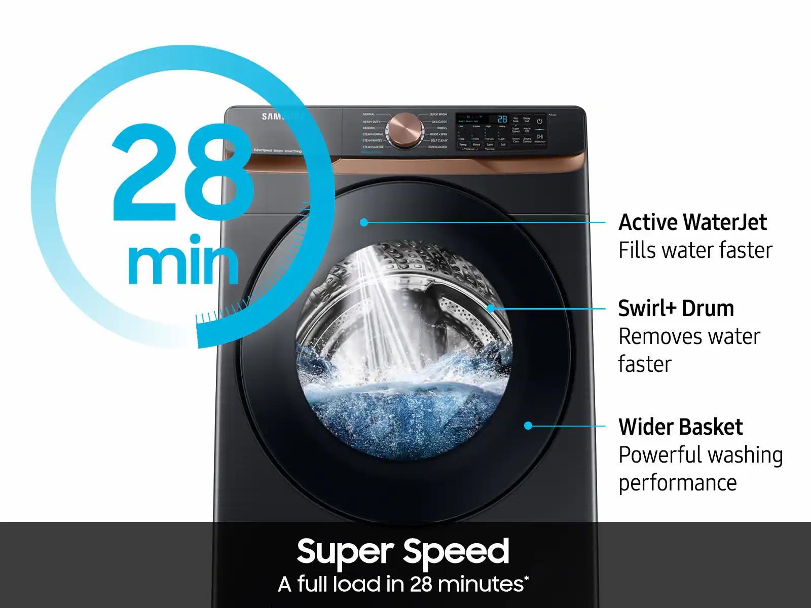Package - Samsung - 5.0 Cu. Ft. High-Efficiency Stackable Smart Front Load Washer with Steam and Super Speed Wash and 7.5 Cu. Ft. Stackable Smart Electric Dryer with Steam and Sensor Dry - Brushed Black
