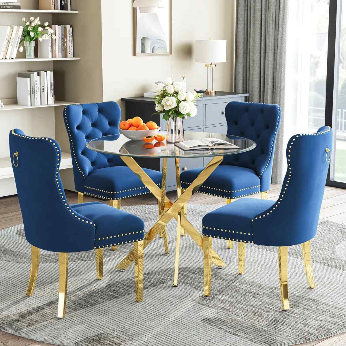 36" Round Glass Dining Set, Modern Velvet Upholstered Chairs with Cross Stainless Steel Base (Blue)
