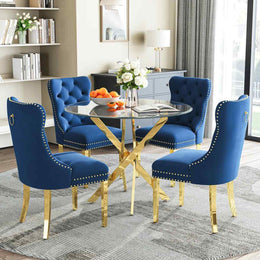 36" Round Glass Dining Set, Modern Velvet Upholstered Chairs with Cross Stainless Steel Base (Blue)