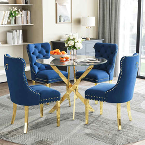 36" Round Glass Dining Set, Modern Velvet Upholstered Chairs with Cross Stainless Steel Base (Blue)