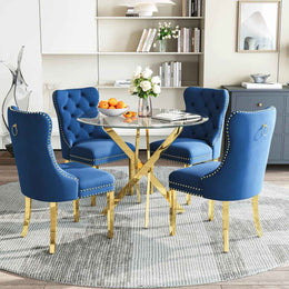 36" Round Glass Dining Set, Modern Velvet Upholstered Chairs with Cross Stainless Steel Base (Blue)