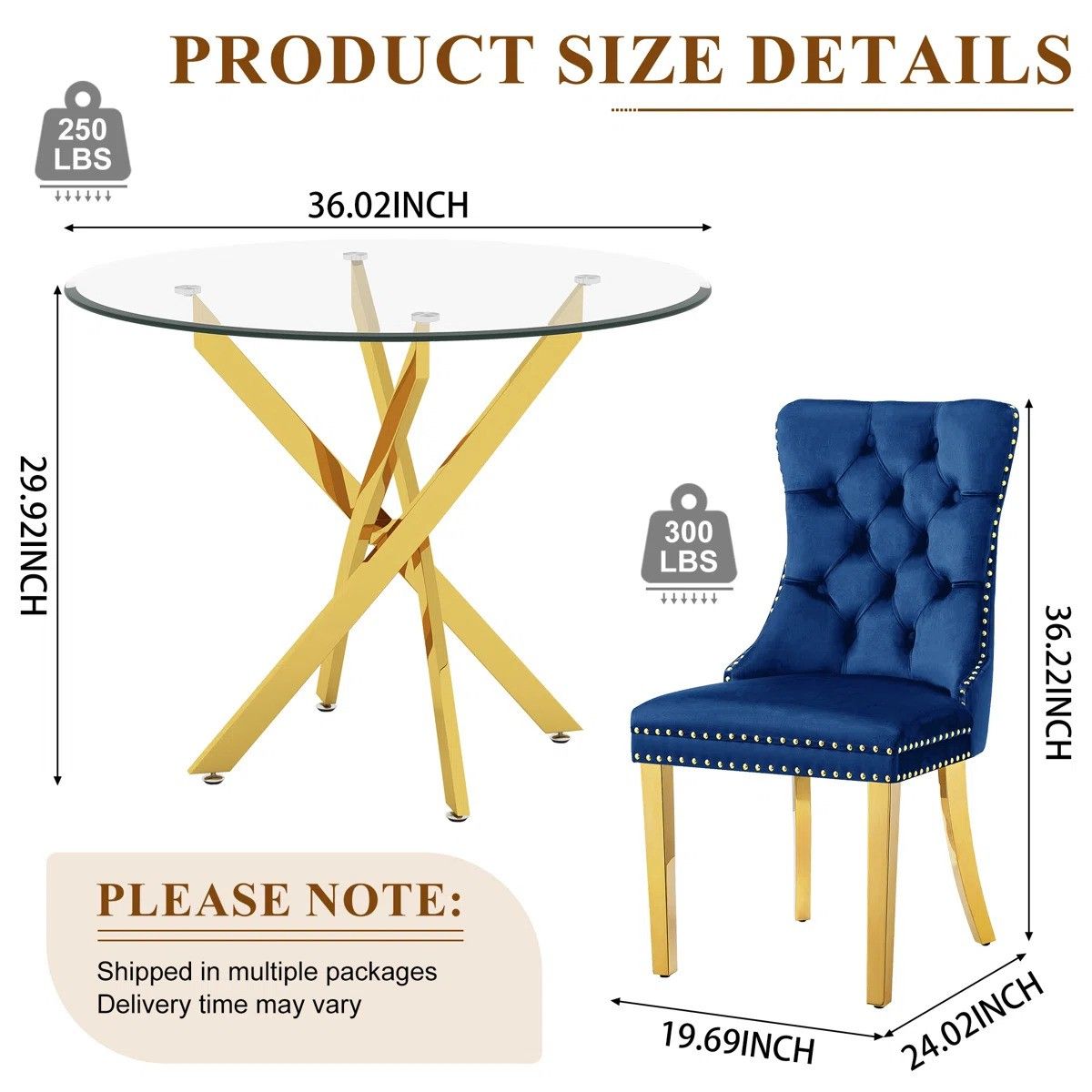 36" Round Glass Dining Set, Modern Velvet Upholstered Chairs with Cross Stainless Steel Base (Blue)