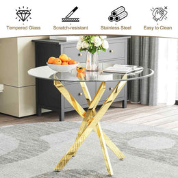 36" Round Glass Dining Set, Modern Velvet Upholstered Chairs with Cross Stainless Steel Base (Blue)