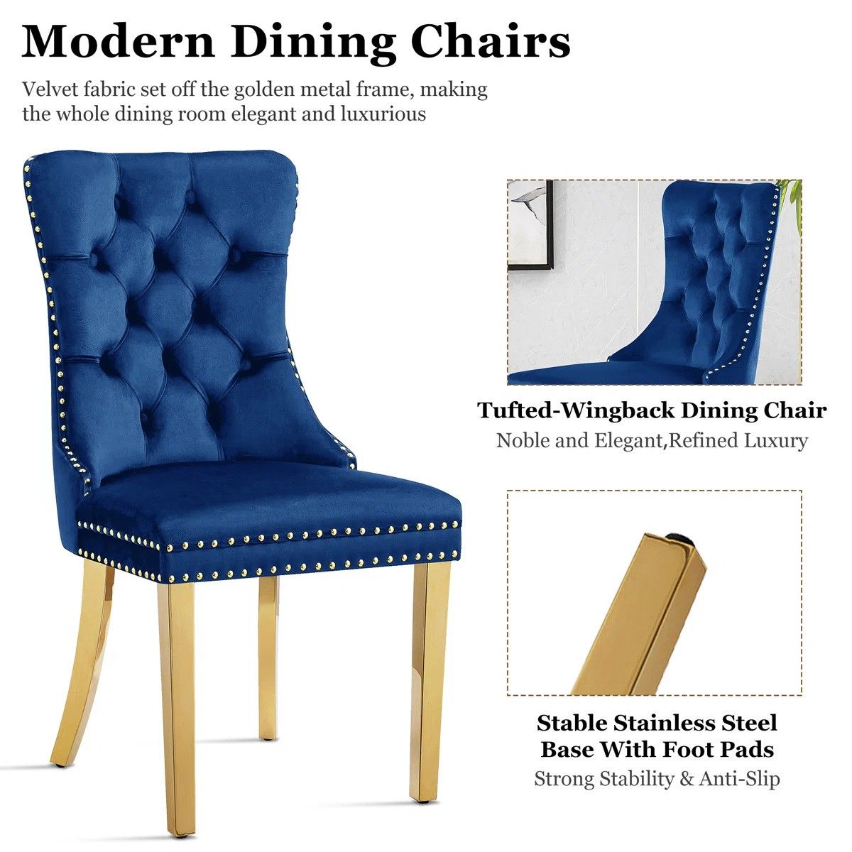 36" Round Glass Dining Set, Modern Velvet Upholstered Chairs with Cross Stainless Steel Base (Blue)