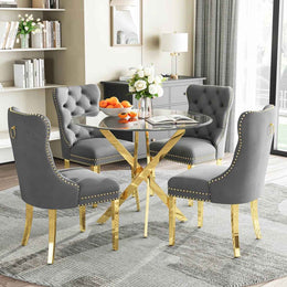 36" Round Glass Dining Set, Modern Velvet Upholstered Chairs with Cross Stainless Steel Base (Gray)